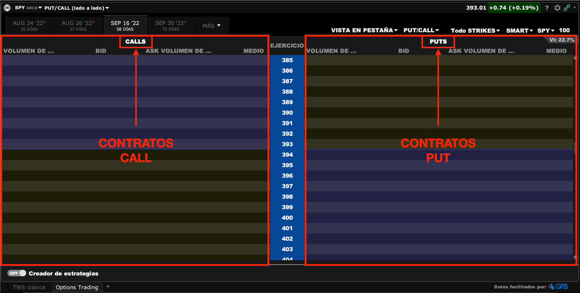 cadena de opciones call y put