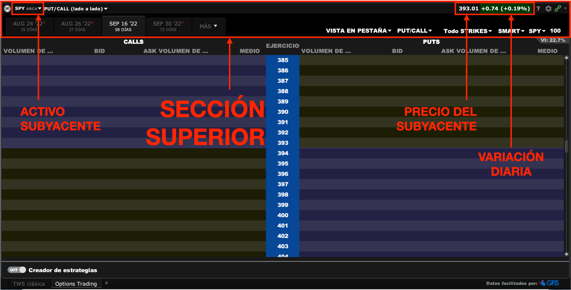 Sección superior cadena de opciones financieras