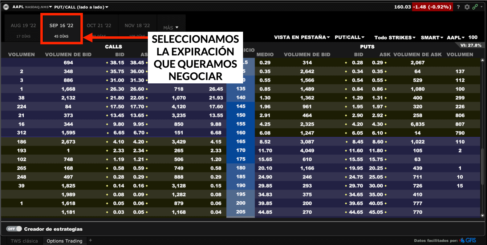 Elegir fecha expiración opciones