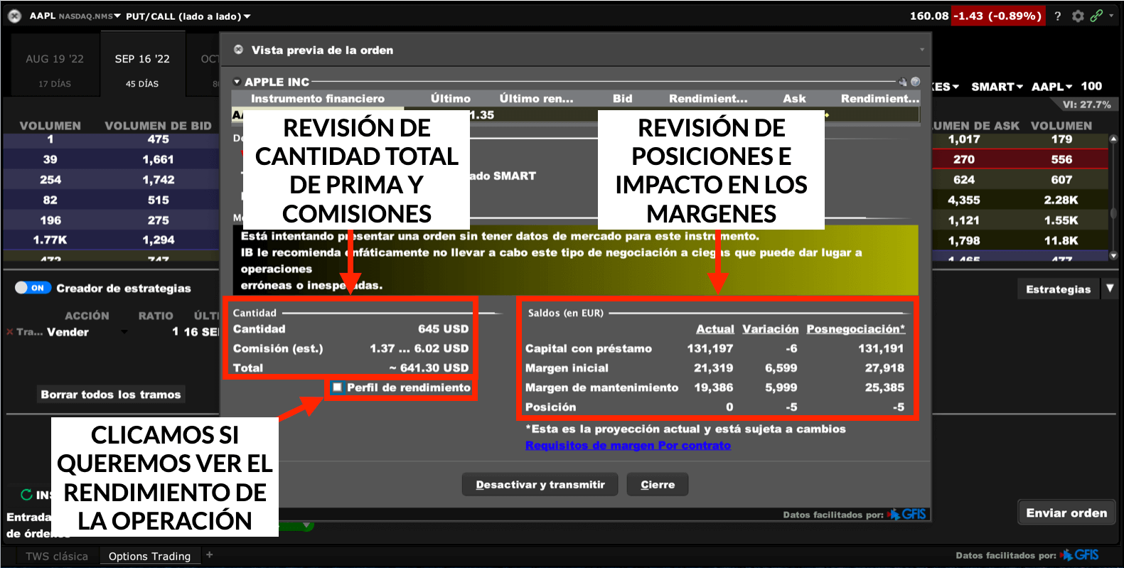 Vista previa orden opciones